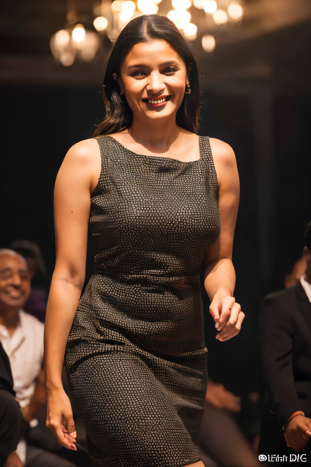 In this photograph, a confident Indian Instagram model in her mid-30s stands out, her radiant smile highlighting her natural curves and beautiful dark brown skin. Shes wearing a short ((black fit dress)) with a sweetheart neckline and vibrant black prints, captured mid-dance in a moody, intimate night club setting. Shot in exquisite detail by Lee Jeffries with a Nikon D850, the image features rich, lifelike colors and dramatic lighting. Utilizing advanced 8K resolution through Cinema 4D and Octane Render, the photo achieves a hyper-realistic, lifelike texture. Studio lighting, HDR