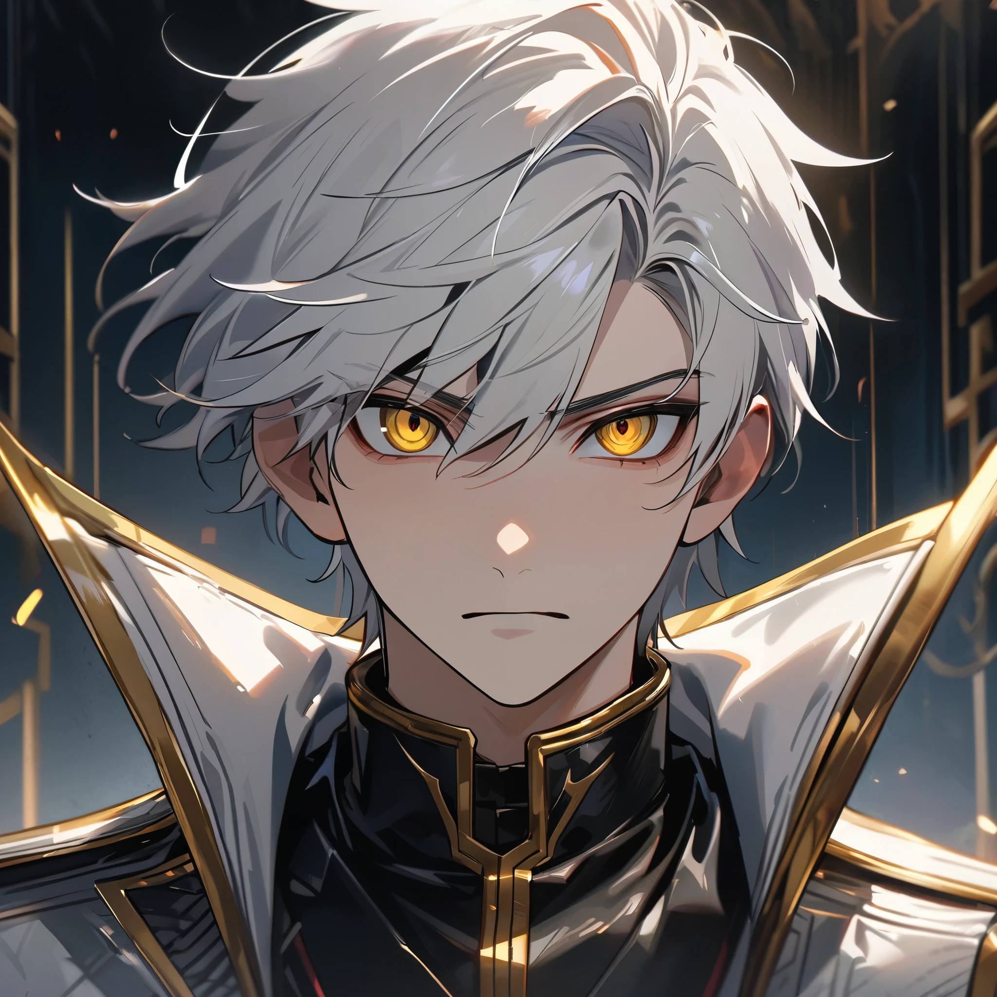 High quality, HD, 4k, handsome male, 1male, 17 years old, teenager, golden lining, short white hair, sharp eyes, gold eyes, devil may cry, close up, calm expression, stoic expression, black leather clothes, white leather clothing, upper body, looking at viewer, cowboy shot