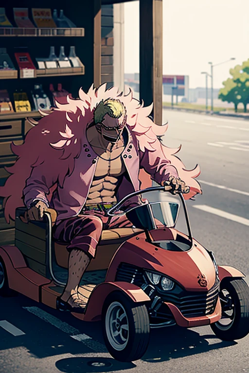 Doflamingo crashes a go-kart into a convenience store