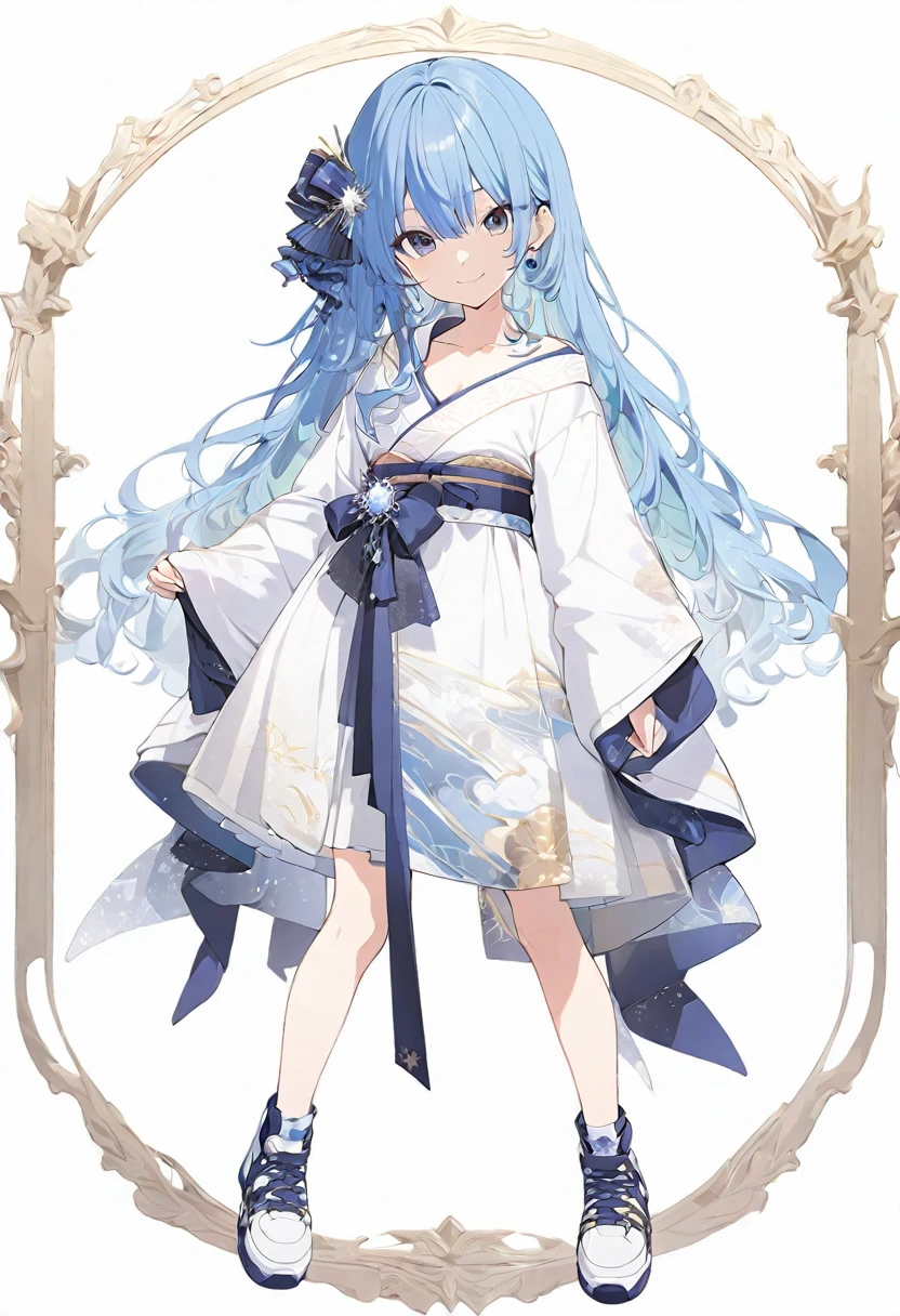 (muste piece), (best quality), very detailed eyes, expressive eyes, perfect face, very detailed face, highly detailed face, beautiful girl, (solo full body shot:1.3), Extremely exquisite and beautiful two-dimensional exquisite painting style, Extremely delicate and delicate, 8K high quality, CG wallpaper, HD, Front view, character portrait, Full body composition, (pure white background background),
1 girl, vtuber style, cool girl, hololive, Hoshimachi Suisei, long hair, kimono, cropped shoulders, clavicle, smile, chest visible through clothes, sneakers, (full body), looking at viewer, standing, white background,