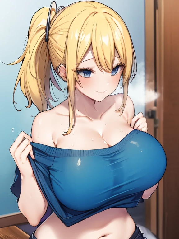 {{{masterpiece}}}, {{{highest quality}}}, {{Very detailed}}, {shape},(highest quality:1.3), Blonde girl with ponytail gives titjob, throw, 1 boy, Penis between breasts, My chest feels tight, Wet penis , Cleavage, Bedroom, storehouse, Sweaty, Big Breasts, Moving lines, Mischievous Smile, belly button, Play sports often,Secretion of milk,milk,get wet,Sweaty,Off-the-shoulder sweater,Cleavage,Denim shorts,