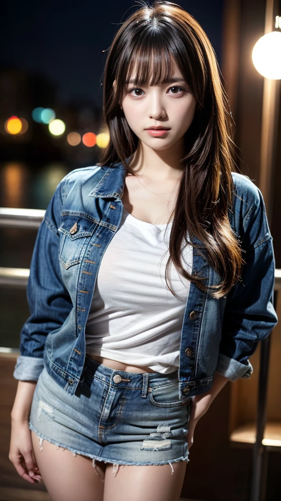 masterpiece, best quality, illustration, Super detailed, fine details, High resolution, 8K,wall paper, perfect dynamic composition,(Details High quality, realistic depiction of eyes:1.3), (Fashionable, Denim Jacket, Oversized T-shirt, a denim miniskirt), large breasts, straight hair, black hair color, Big Natural Color Lip, crying a little、20 year old girl、cute type、lolita、beautiful legs, night club, at midnight, Gravure Idol