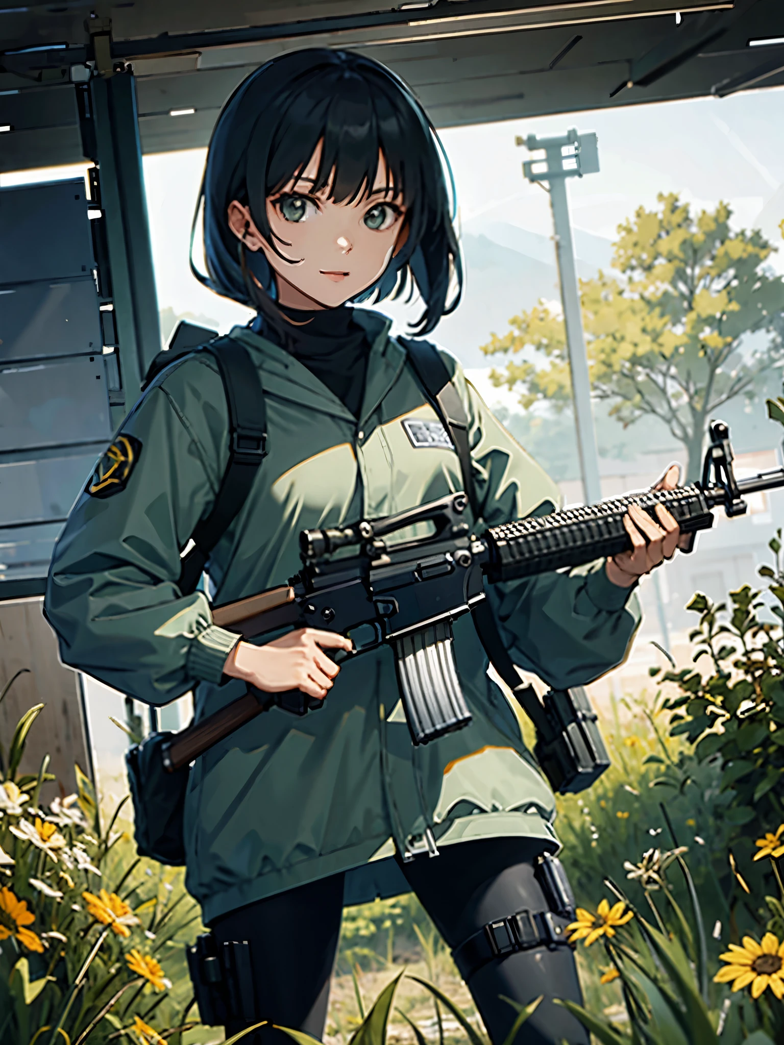 masterpiece, best quality, solo focus, 1girl, (holding an m16a2)