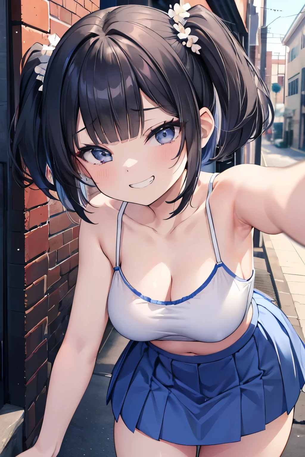 (8K、Highest quality、highest quality、masterpiece)、Detailed face、One girl、 Black Hair、short hair、twintails、blunt bangs、Grey Eyes、evil smile、((Grin))、Small breasts、((White camisole))、((Blue skirt))、Cowboy Shot、((bent over))、Back Alley Background、Very large breasts