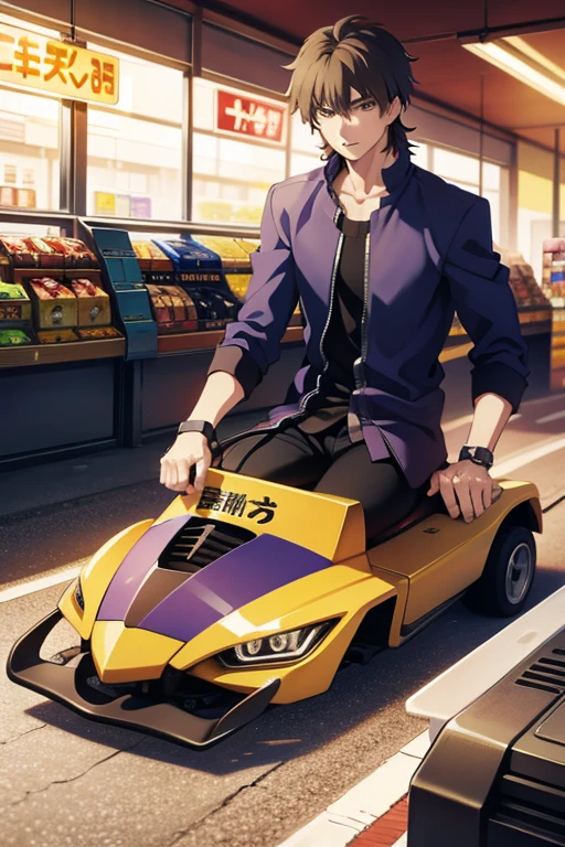 Kotomine Kirei crashes a go-kart into a convenience store