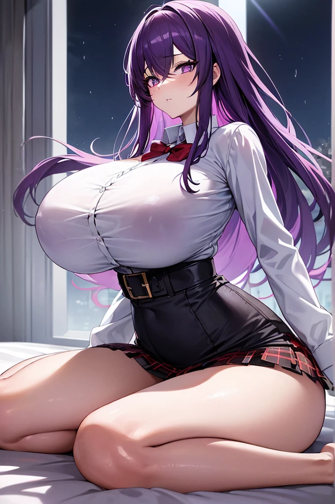 (anime style) (huge breasts:1.4)(masterpiece)(high quality)(best quality) (1girl),(solo), (slim waist:1.3), detailed eyes, extremely detailed face, (dark bedroom at night) (window in background) (front left corner view) (looking at the viewer), raining outside, stretched white shirt, red flannel skirt, full body portrait, hands above head, purple hair, light purple eyes