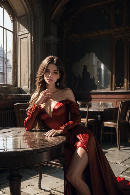 (((medium full shot))), (best quality, ultra-detailed:1.3), (nice hands, perfect hands), official art, cinematic light, (European beautiful young girl:1.3), (otherworldly), RAW photo, (wearing a luxurious red gown:1.3), sitting on a table in a glamorous restaurant, long-shot ruins, building, window frame, cracked window, wall corner, upturned, abandoned, metal, industrial, fence, moody, cracked mud, urban, canalside