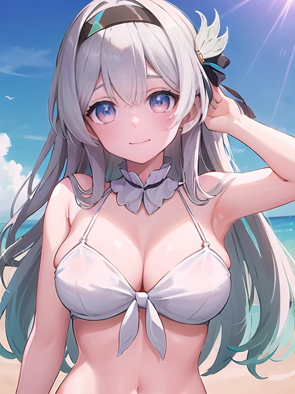 (masterpiece:1.3),((High resolution)),((high quality)),((Very detailed))、1 girl、Perfect balance、Perfect Face、Detailed face、Cute Face、beautiful詳細な目、Expressive eyes、Cute eyes、Shining Eyes、Perfect body、beautiful体、(((White Bikini)))、(Big Breasts)、(head shot)、Embarrassing、blush、Beach、beautiful女の子、Cute Face、beautiful顔、Cute Face、beautiful、最high quality、Excellent anatomy、Decorations,fire Fly\(Collapse：Star Rail\)、Multicolored Eyes、white[Grey or Sliver]hair、Black hair band、Purple eyes、smile、Mouth closed、blush、Are standing、From below、(Browsing Caution:1.3)