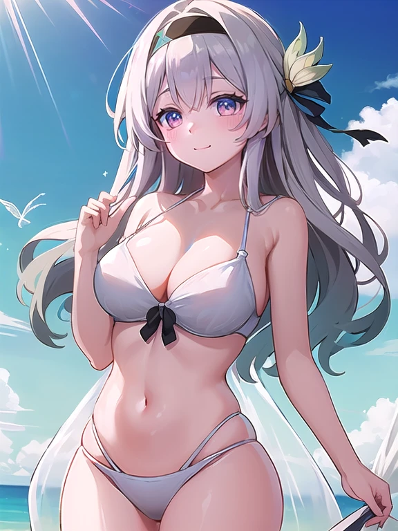 (masterpiece:1.3),((High resolution)),((high quality)),((Very detailed))、1 girl、Perfect balance、Perfect Face、Detailed face、Cute Face、beautiful詳細な目、Expressive eyes、Cute eyes、Shining Eyes、Perfect body、beautiful体、(((White Bikini)))、(Big Breasts)、(head shot)、Embarrassing、blush、Beach、beautiful女の子、Cute Face、beautiful顔、Cute Face、beautiful、最high quality、Excellent anatomy、Decorations,fire Fly\(Collapse：Star Rail\)、Multicolored Eyes、white[Grey or Sliver]hair、Black hair band、Purple eyes、smile、Mouth closed、blush、Are standing、From below、(Browsing Caution:1.3)