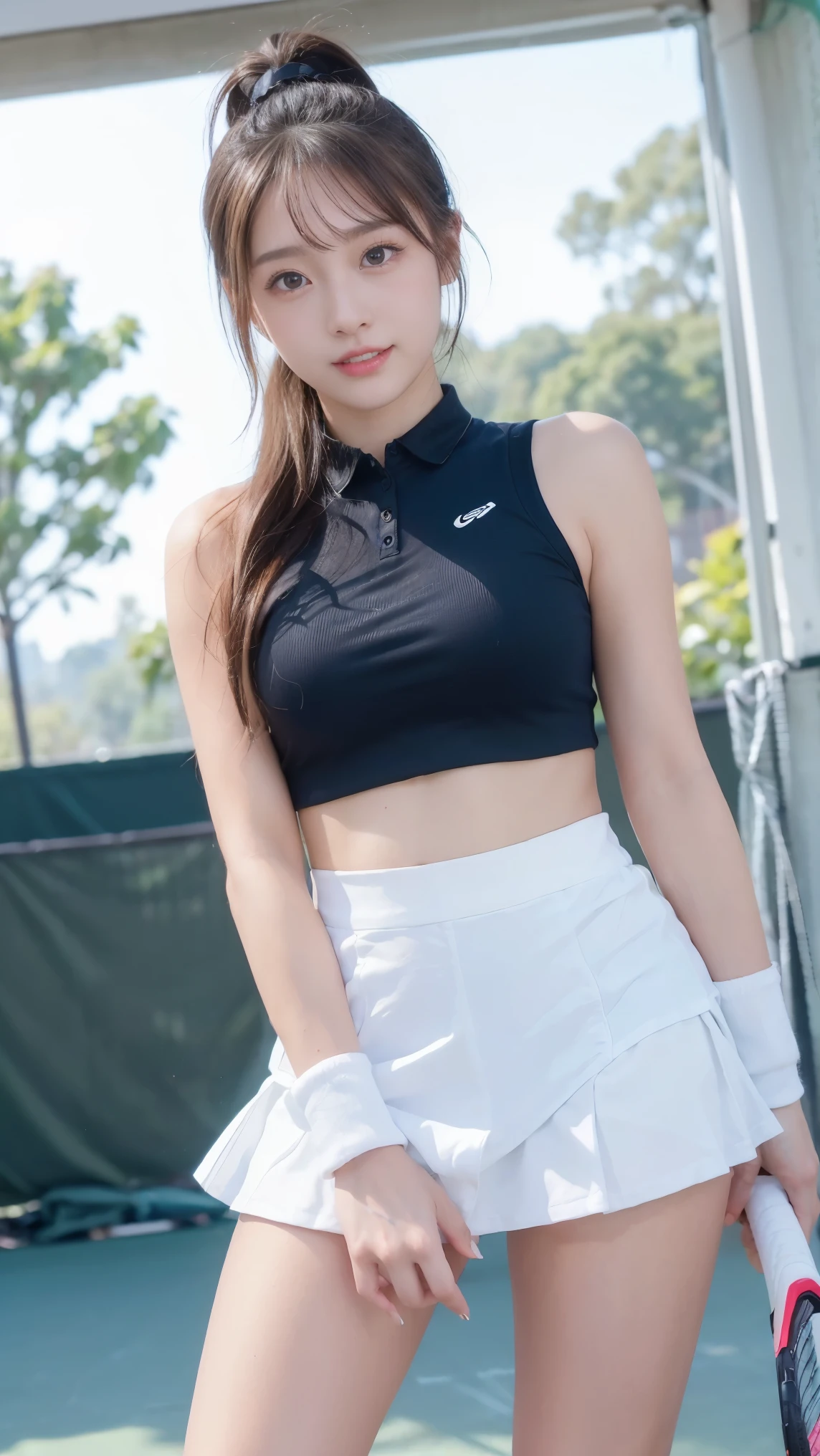 (((Masterpiece，highest quality，Highest quality，8k))),((Ultra-high resolution，極めてdetailed，detailed)，Hyper Quality，Beautiful Japanese woman in tennis wear, Female college student，tennis Club，Gal，detailedなボディライン，Tennis court，tennis racket，Tennis ball，smile，Beauty，sexy，glamorous，tall，Bright brown hair，ponytail,Large Breasts,G-Cup,Big Ass,Sun visor,A sleeveless polo shirt worn directly on the skin(See-through fabric)，Ultra mini skirt(See-through fabric)，Knee-high socks,Live Action, Skirt flip, (Female college studentがTennis courtで汗ばみながら練習している様子)