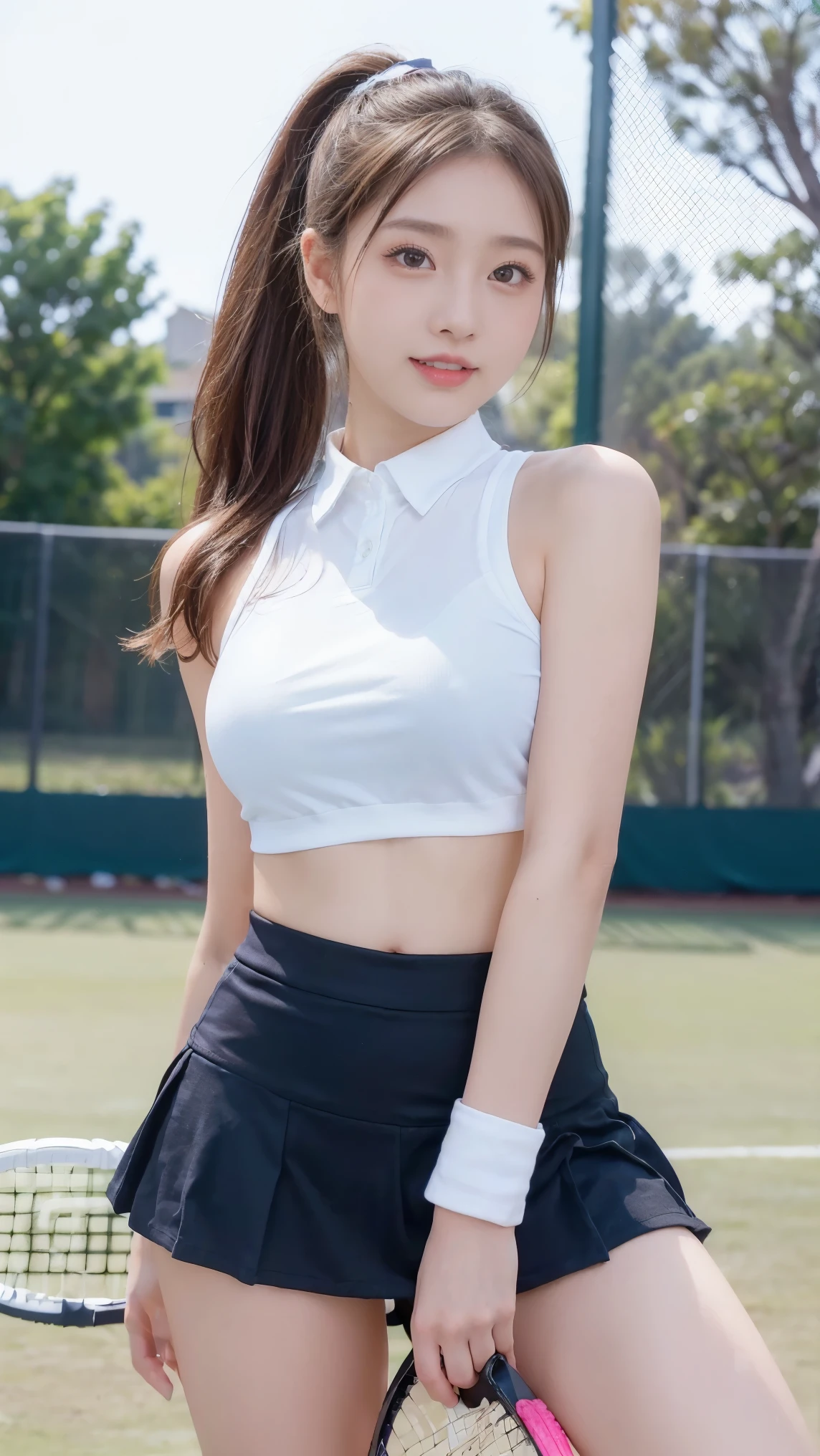 (((Masterpiece，highest quality，Highest quality，8k))),((Ultra-high resolution，極めてdetailed，detailed)，Hyper Quality，Beautiful Japanese woman in tennis wear, Female college student，tennis Club，Gal，detailedなボディライン，Tennis court，tennis racket，Tennis ball，smile，Beauty，sexy，glamorous，tall，Bright brown hair，ponytail,Large Breasts,G-Cup,Big Ass,Sun visor,A sleeveless polo shirt worn directly on the skin(See-through fabric)，Ultra mini skirt(See-through fabric)，Knee-high socks,Live Action, Skirt flip, (Female college studentがTennis courtで汗ばみながら練習している様子)