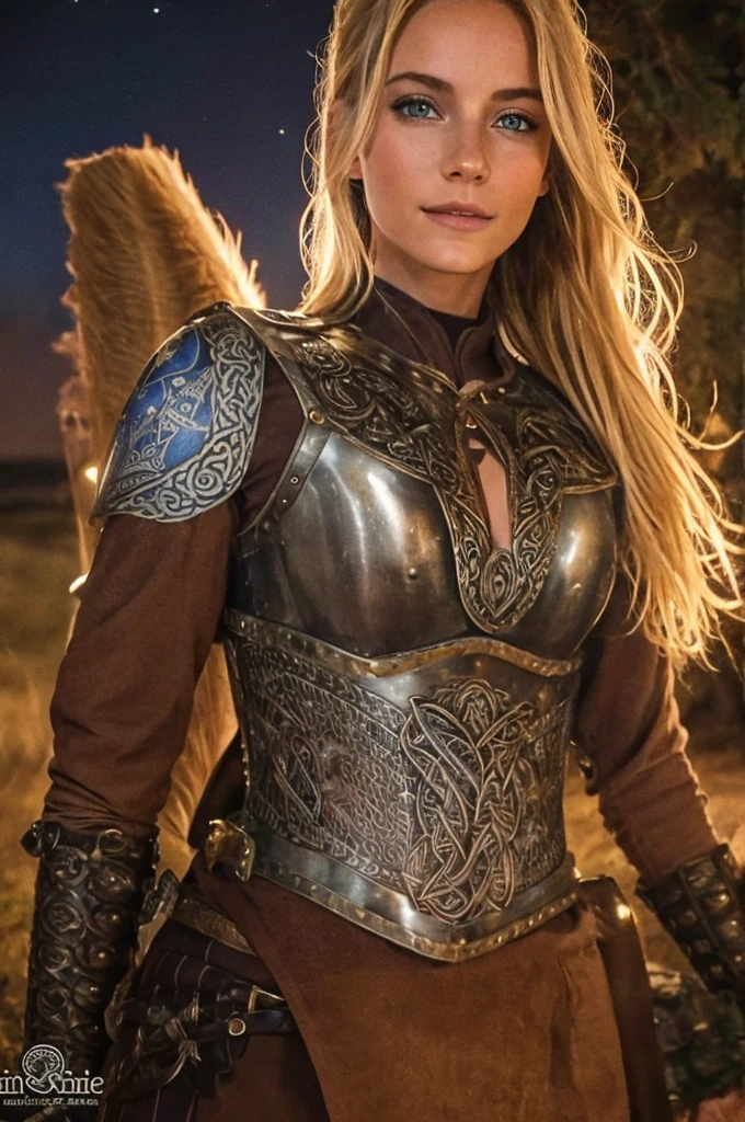 Jeune femme de 25 ans, visage fin, cheveux long, cheveux blonds, yeux bleus, HD, 8K, masterpiece, sourire romantique, sexy, metal lingery, celtic design chest armor, guerrière viking, celtic tattoo, at night, topless, aurore boreale, milky way