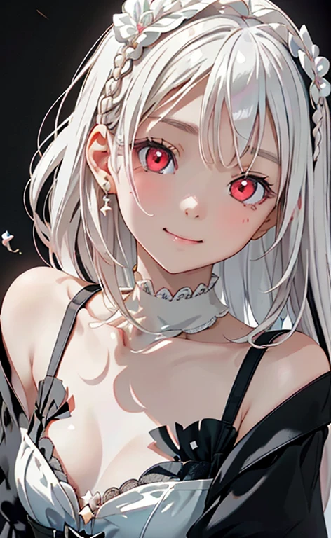 (Photorealistic:1.4)、asuna,(masterpiece、lens flare:1.5、spot light:1.2、Exquisite beautiful eyeonochrome:1.5,portlate、)(little devil:1.3),()
、Cute Face、 3D Face、(pearl white hair:1.5)、(wavy hair:1.3),(1 Girl)、(Red eyes:1.2)、(upper body)、(smug face:1.3)、(head tilt) ,(Cute face:1.2),(flat chest),(),kind face,(white lace frilled gothic ta),(black background:1.5)、(glowing eyes:1.3)、()、 Neat and clean、Adorable、Slim Body(Tareme:1.5),Shiny Hair、(Glowing pink Skin)、Nijisketch,Manga,zydG
