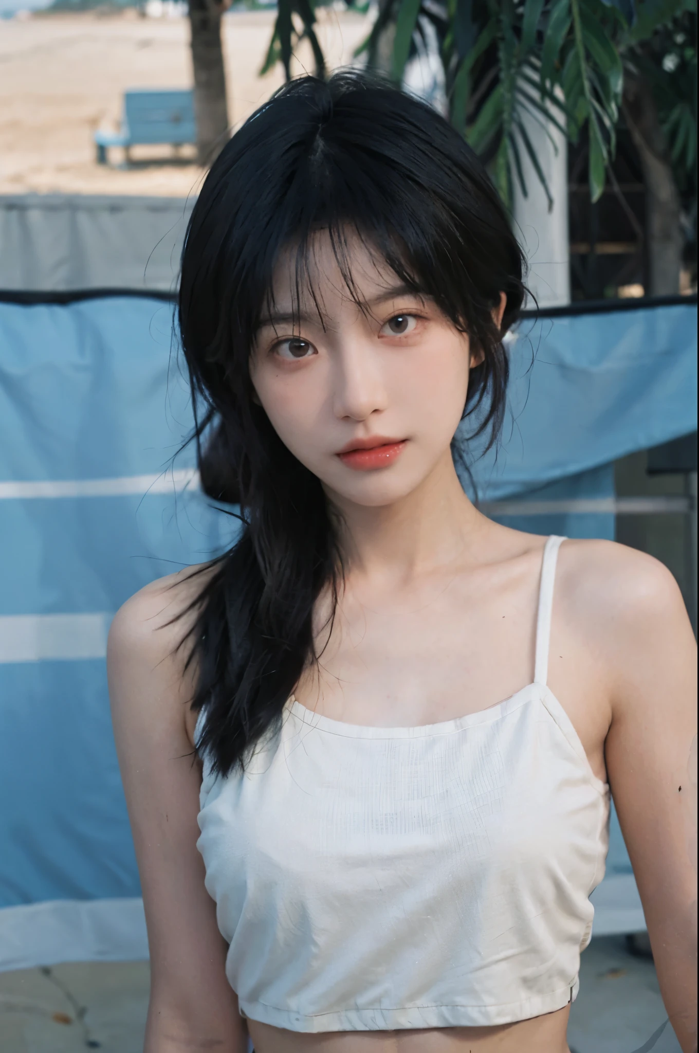 Best quality，Ultra-high resolution，（lifelike：1.4），Cute hairpin，2girll，Short blue hair，jk，Blush，Slim beauty：1.4，Visible abdominal muscles，on the beach，Ultra-fine face，Exquisite eyes，Double eyelids，