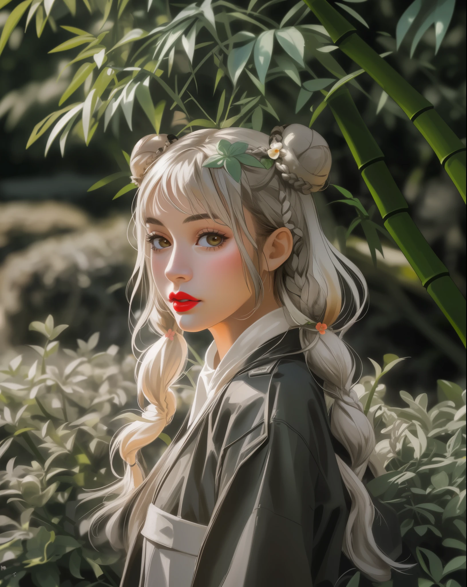 rating:safe, 1girl, solo, realistic, plant, double_bun, looking_at_viewer, lips, upper_body, blurry, leaf, hair_ornament, hair_flower, outdoors, flower, long_hair, bamboo, nose, red_lips, tree, jacket, bun_cover, bangs, day, nature, braid, twin_braids, sunlight, ribbon, depth_of_field