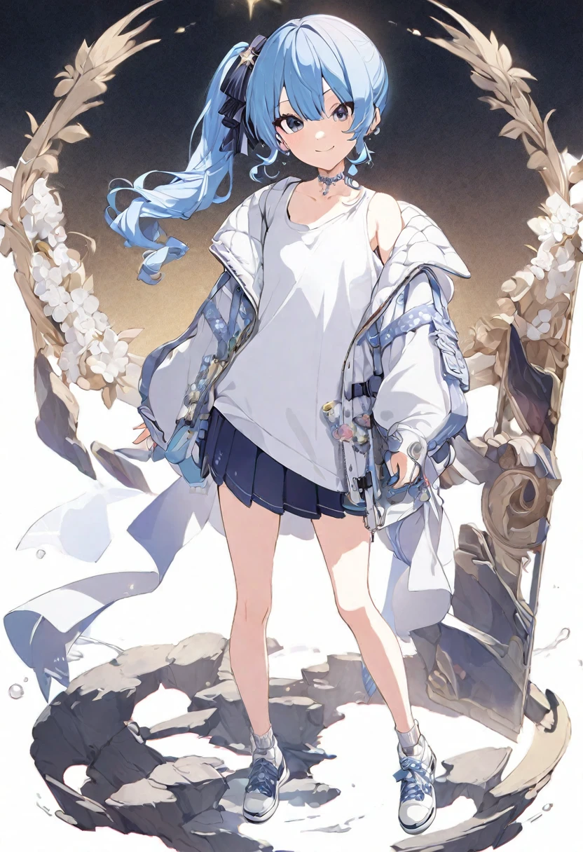 (muste piece), (best quality), very detailed eyes, expressive eyes, perfect face, very detailed face, highly detailed face, beautiful girl, (solo full body shot:1.3), Extremely exquisite and beautiful two-dimensional exquisite painting style, Extremely delicate and delicate, 8K high quality, CG wallpaper, HD, Front view, character portrait, Full body composition, (pure white background background), 
1 girl, vtuber style, cool girl, hololive, Hoshimachi Suisei, side_ponytail, cropped shoulders, clavicle, smile, chest visible through clothes, sneakers, (full body), looking at viewer, standing, white background,