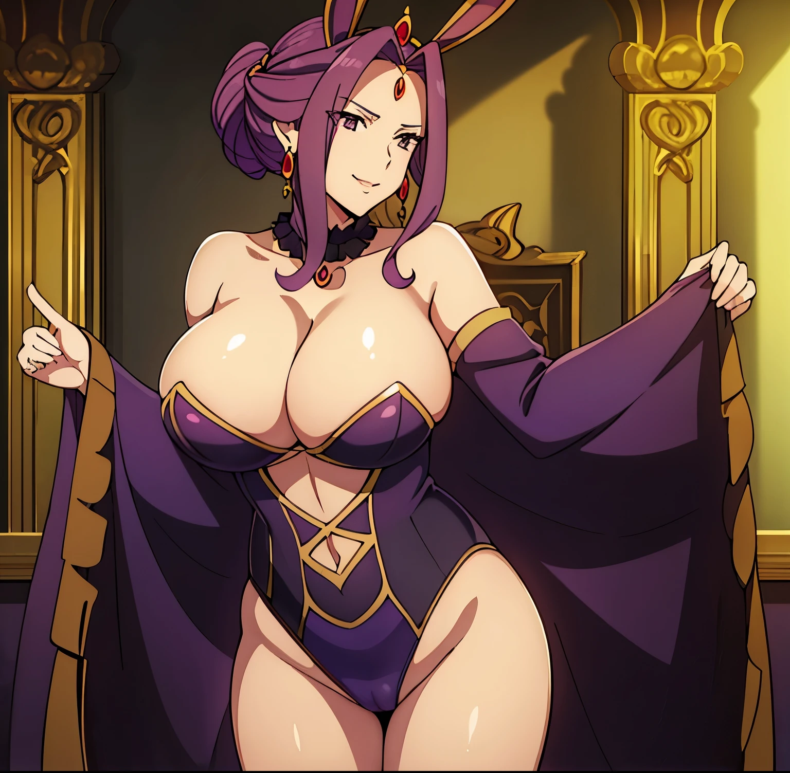 mirelia_q_melromarc, milf, 1 girl, alone, standing, (big breasts), (wide hips), (wide thighs), (purple playboy bunny suit), (golden details), (tight), (cleavage), (back uncovered),(rabbit ears purple),(black pantyhose), juliet_sleeves, cleavage,crown, necklace, choker, purple_hair, purple_eyes, lips, jewelry, embarrassed earrings, smile, castle, in the castle room, masterpiece, good lighting, ultra detailed, sexy body, looking at viewer, looking straight, looking back, from behind, focused on ass, POV (From below), standing, perfect anatomy, perfect hands