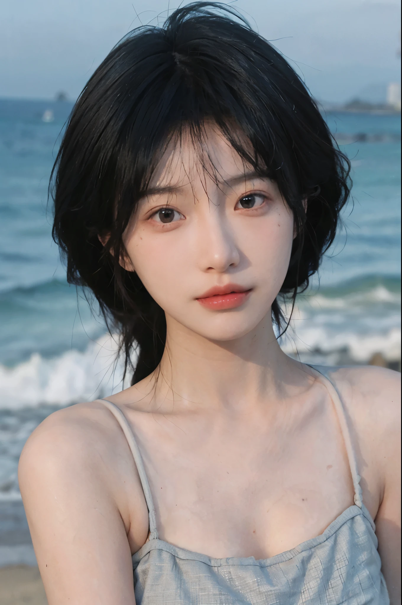 Best quality，Ultra-high resolution，（lifelike：1.4），Cute hairpin，2girll，Short blue hair，jk，Blush，Slim beauty：1.4，Visible abdominal muscles，on the beach，Ultra-fine face，Exquisite eyes，Double eyelids，