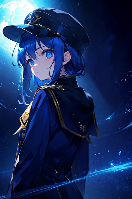 girl、blue eyes、Illuminated Hair、Big eyes、Shining Eyes、Jacket、cap、Looking back、night