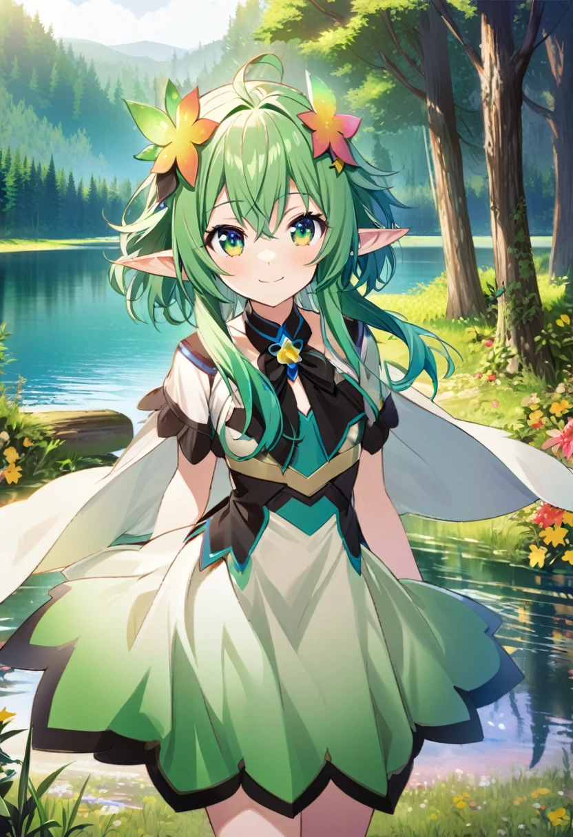 Hyakuya Mikaela \(AKB0048 Next Stage\), (long forest green hair), (olive green eyes):1.2, (Elf), fairy costume, bangs, smiling gently, colorful leaves hair ornament, ((ultra-detailed)), ((illustration)), ((neat hair)), (beautiful detailed eyes), female, 1girl, standing, (lake, forest)), looking at viewer