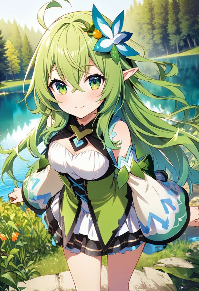 Hyakuya Mikaela \(AKB0048 Next Stage\), (long forest green hair), (olive green eyes):1.2, (Elf), fairy costume, bangs, smiling gently, colorful leaves hair ornament, ((ultra-detailed)), ((illustration)), ((neat hair)), (beautiful detailed eyes), female, 1girl, standing, (lake, forest)), looking at viewer