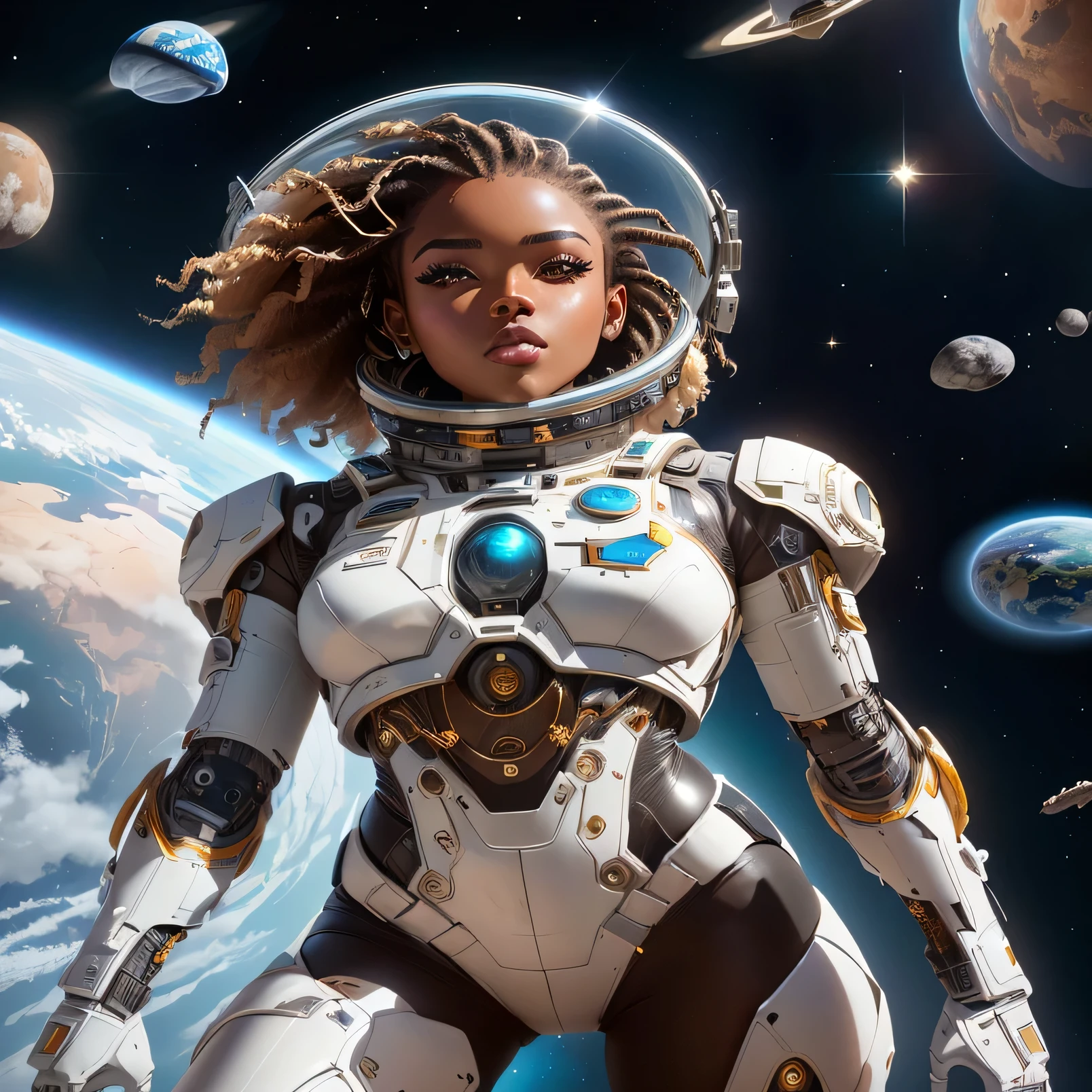 arafed woman in a space suit standing in front of a planet, cyborg goddess in cosmos, afrofuturism, portrait armored astronaut girl, scifi woman, african female android, afrofuturism style, afro futurism, portrait beautiful sci - fi girl, rossdraws | afrofuturism, afrofuturistic, afrofuturism anime, karol bak uhd, portrait anime space cadet girl