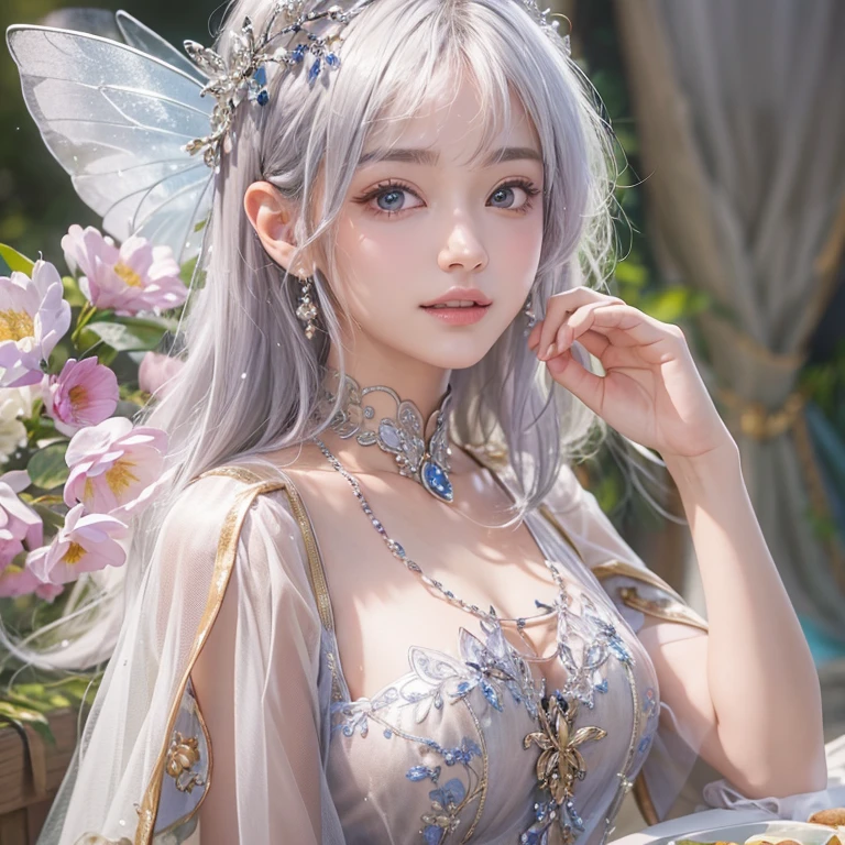 (masterpiece:1.3), (8k, Realistic, RAW Photos, Best image quality: 1.4), Fair-skinned fairy woman、short hair、Cleavage:2.0、Highly detailed face、Attention to detail、double eyelid、Sharp focus:1.2、Beautiful woman:1.4、Silvery white hair、highest quality、masterpiece、Ultra-high resolution、(Realistic:1.4)、Highly detailed and professionally lit smiles、Loose, Light、 one person、whole body,　I eat breakfast、I'm going to eat some fruit
