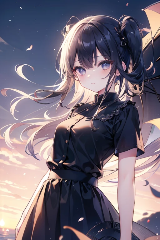 (Pretty sister:1.3)、long eyelashes、happy face,spring atmosphere、evening、aggressive、hot、((strong wind))、black skirt、shining eyes、Y-shirt、company、