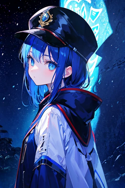 girl、blue eyes、Illuminated Hair、Big eyes、Shining Eyes、Jacket、cap、Looking back、night、casual、fashion、Japan