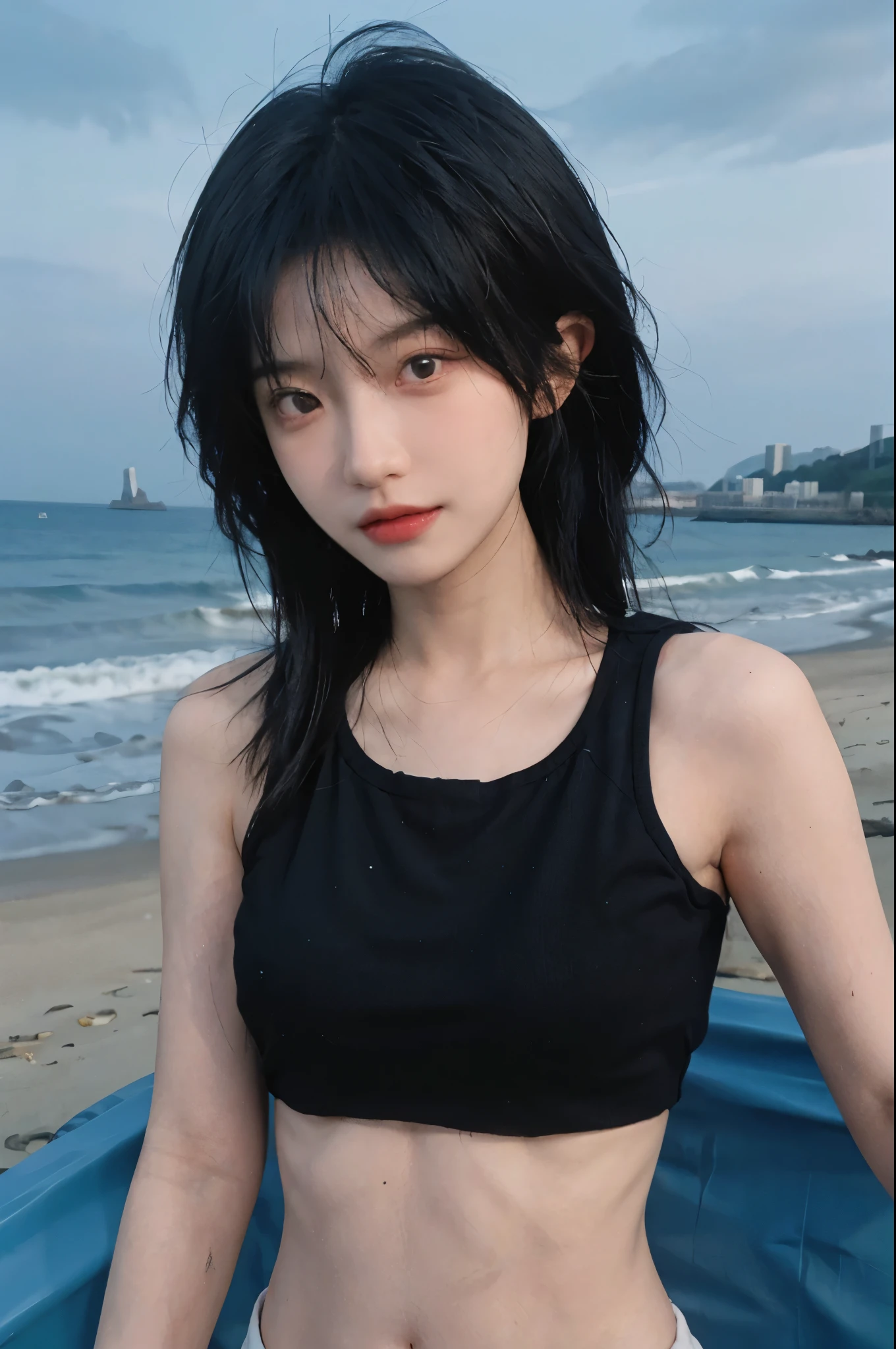 Best quality，Ultra-high resolution，（lifelike：1.4），Cute hairpin，2girll，Short blue hair，jk，Blush，Slim beauty：1.4，Visible abdominal muscles，on the beach，Ultra-fine face，Exquisite eyes，Double eyelids，