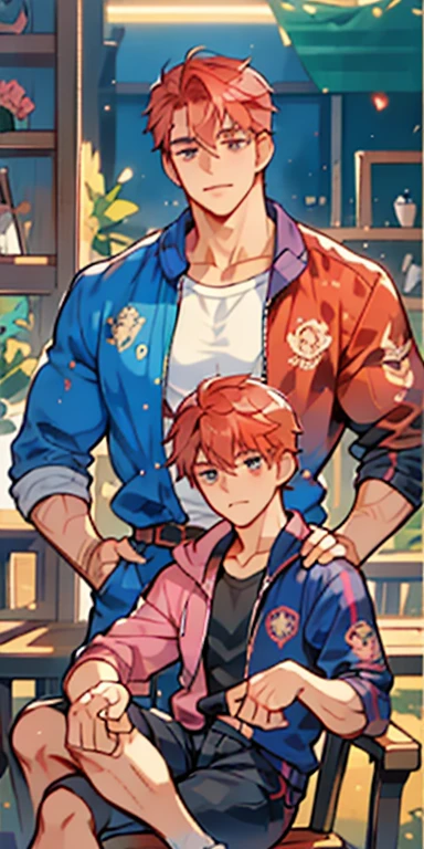(masterpiece, best quality), 2 boy, young man,Shyness blush,musculous, short blue purple and pink-orange hair, Dark gray eyes, complex, (dress room), full bodyesbian, White baseball uniform, Open light purple jacket, Pectoralis abdominal muscles,vivd colour,(depth of fields:1.2),(abs),Be red in the face,looking at viewert,A piano,spread their legs,