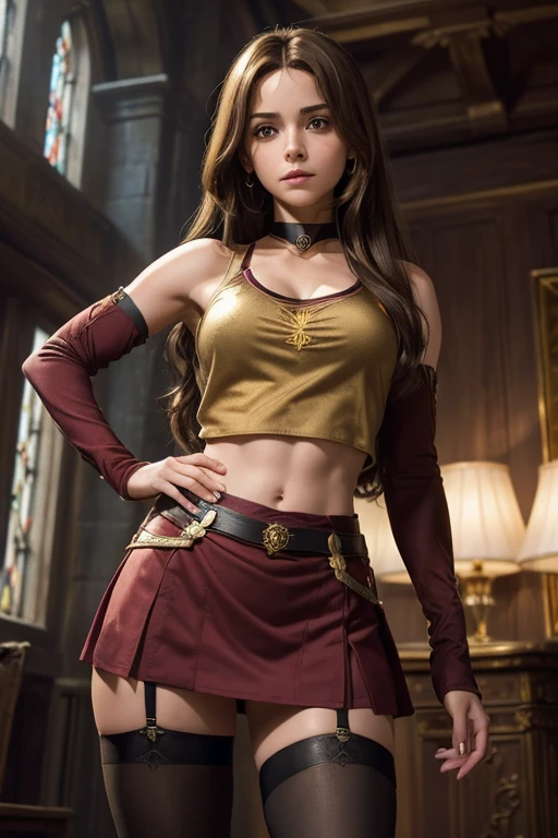 (((medium full shot))), (best quality, ultra-detailed:1.3), (nice hands, perfect hands), official art, cinematic light, (1girl:1.3), Hermione Granger, (Sexy, sultry, Female, woman, solo), At Hogsworth, a magical school, wearing a skintight burgundy and gold"Gryffindor"layered tank top and miniskirt, (thigh high stockings, choker necklace, streaks of gold dyed into her brunette hair:1.2), (showing her slim midriff:1.15), crest of Gryffindor