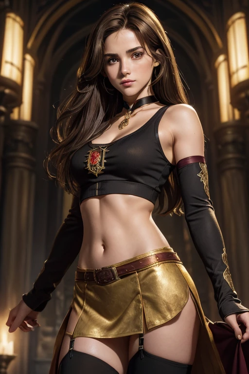 (((medium full shot))), (best quality, ultra-detailed:1.3), (nice hands, perfect hands), official art, cinematic light, (1girl:1.3), Hermione Granger, (Sexy, sultry, Female, woman, solo), At Hogsworth, a magical school, wearing a skintight burgundy and gold"Gryffindor"layered tank top and miniskirt, (thigh high stockings, choker necklace, streaks of gold dyed into her brunette hair:1.2), (showing her slim midriff:1.15), crest of Gryffindor