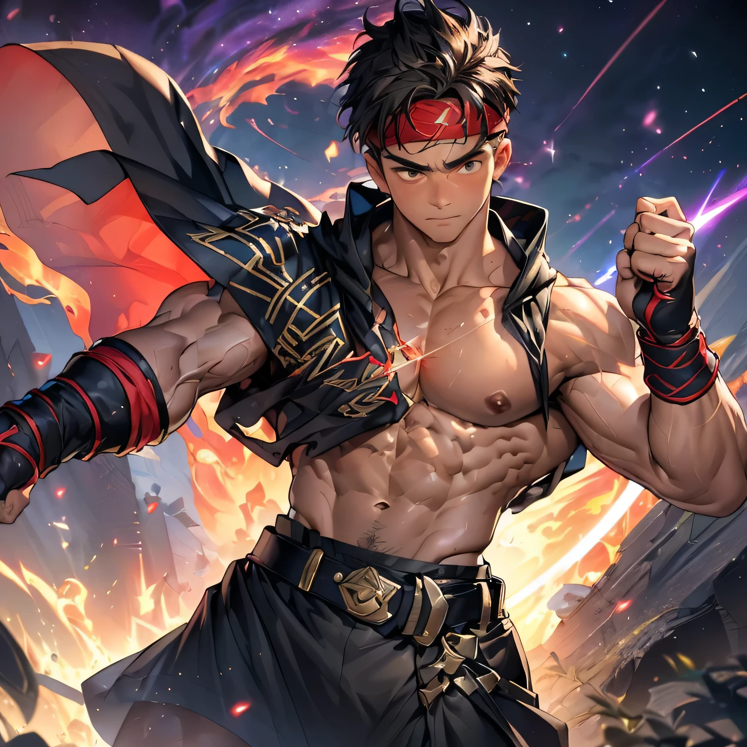(Masterpiece, Best quality 19 year old boy, black background), solo, Young, boy, muscler, (Dark Short straight hair, under cut, brown eyes, topless), (red headband, ((fingerless gloves, belt, black wristband, long cloak, powerful energy aura))), (hot Abs:1.2, abs!, big abs, big breast:1.2, chest!, upper arms), Vivid colors, muscler body, (aura power:1.4), detailed face, detailed muscle, (((Wearing magical mystical aura, cosmic power glowing and flourishing, rippling muscles, fighting pose, struggle, combats, dynamic pose, intense action scene)))