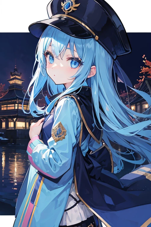 girl、blue eyes、Illuminated Hair、Big eyes、Shining Eyes、Jacket、cap、Looking back、night、casual、fashion、Japan