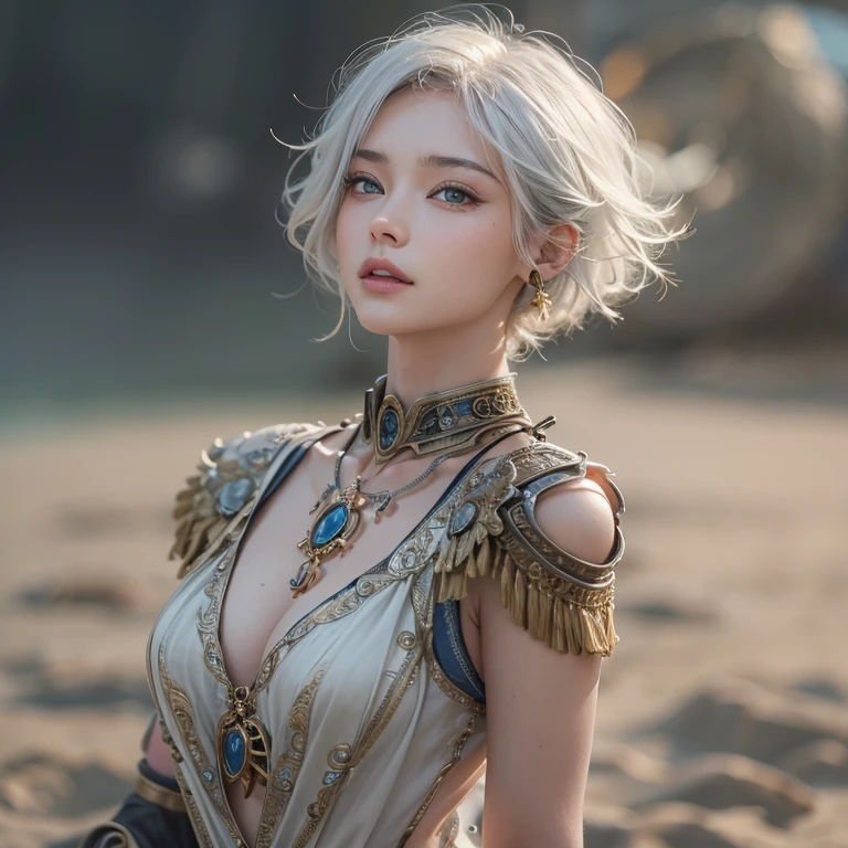 (masterpiece:1.3), (8k, Realistic, RAW Photos, Best image quality: 1.4), Fair-skinned fairy woman、Long Hair、Cleavage:2.0、Highly detailed face、Attention to detail、double eyelid、Chest to chest、Sharp focus:1.2、Beautiful woman:1.4、Silvery white hair、highest quality、masterpiece、超A high resolution、(Realistic:1.4)、Highly detailed and professionally lit smiles、Loose, Light, steampunk、Shoulders out、thin、Serious expression、Short-haired、Deadly position, one person、whole body,Walking on the beach、Gorgeous Necklace、