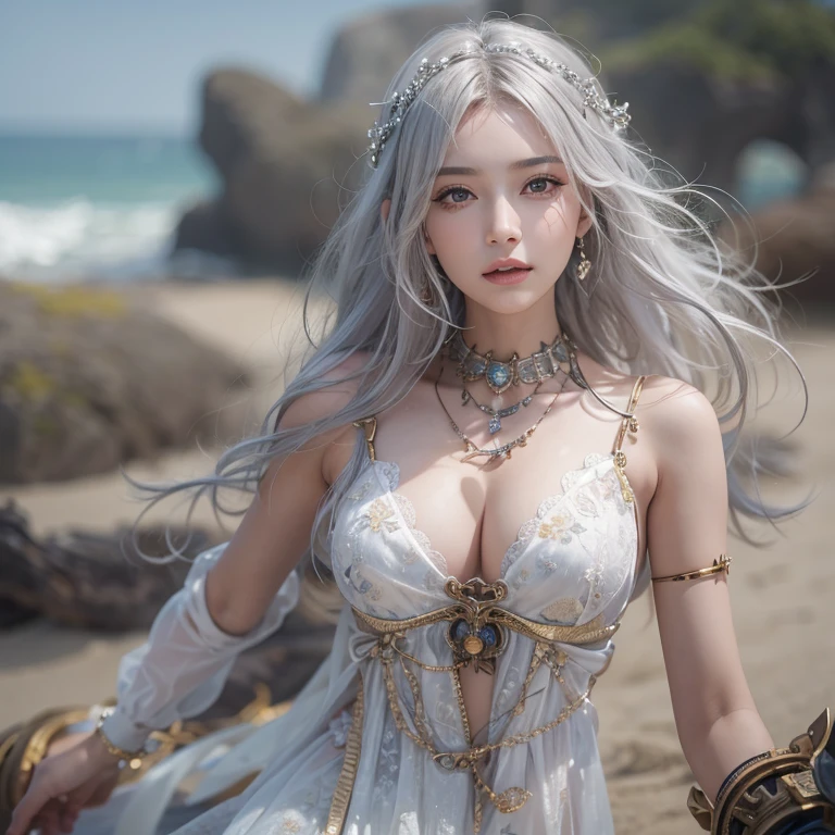 (masterpiece:1.3), (8k, Realistic, RAW Photos, Best image quality: 1.4), Fair-skinned fairy woman、Long Hair、Cleavage:2.0、Highly detailed face、Attention to detail、double eyelid、Chest to chest、Sharp focus:1.2、Beautiful woman:1.4、Silvery white hair、highest quality、masterpiece、超A high resolution、(Realistic:1.4)、Highly detailed and professionally lit smiles、Loose, Light, steampunk、Shoulders out、thin、Serious expression、Short-haired、Deadly position, one person、whole body,Walking on the beach、Gorgeous Necklace、