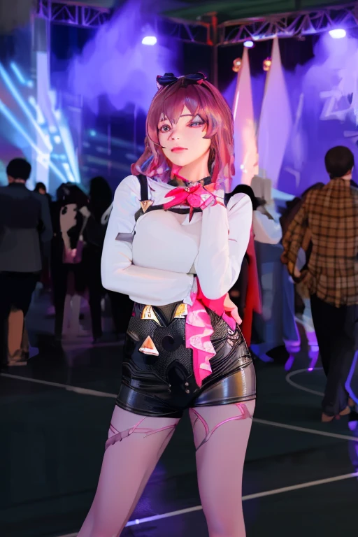 (kafka, honkai star rail), bloom, lens reflection, (8k, RAW, professional, best quality, masterpiece: 1.2), (realistic, photorealistic: 1.37), ultra-detailed, (wide-angle 25mm portrait), (most detailed skin: 1.2), very detailed face, cinematic lighting, 1girl, curly black hair, (windy), standing on the couch, dark light, looking at the camera, large breasts, black and red blouse