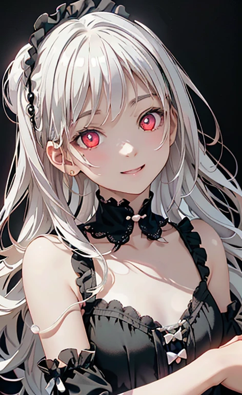 (Photorealistic:1.4)、asuna,(masterpiece、lens flare:1.5、spot light:1.2、Exquisite beautiful eyeonochrome:1.5,portlate、)(little devil:1.3),()
、Cute Face、 3D Face、(pearl white hair:1.5)、(wavy hair:1.3),(1 Girl)、(Red eyes:1.2)、(upper body)、(light smile:1.3)、(head tilt) ,(Cute face:1.2),(flat chest),(),kind face,(white　lace frilled gothic ta),(black background:1.5)、(glowing eyes:1.3)、()、 Neat and clean、Adorable、Slim Body(Tareme:1.5),Shiny Hair、(Glowing pink Skin)、Nijisketch,Manga,zydG