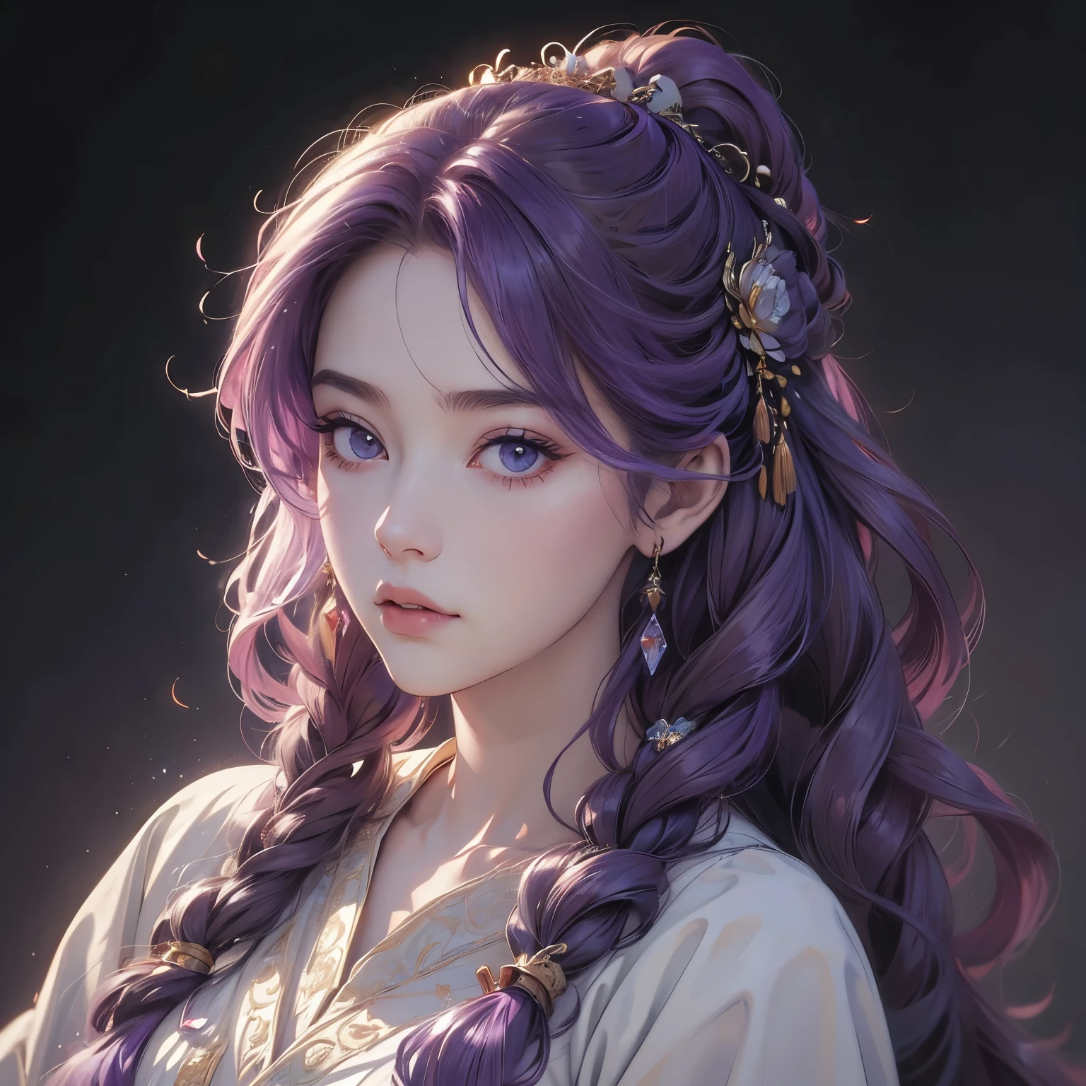 portrait,(((tmasterpiece))), Best quality at best, illustratio, 4k wallpaper, light, absurd res, Portrait of 1girl, long whitr hair, purple crystal hair, glowing hairs, bloom hair, Costume princess, looking to the front