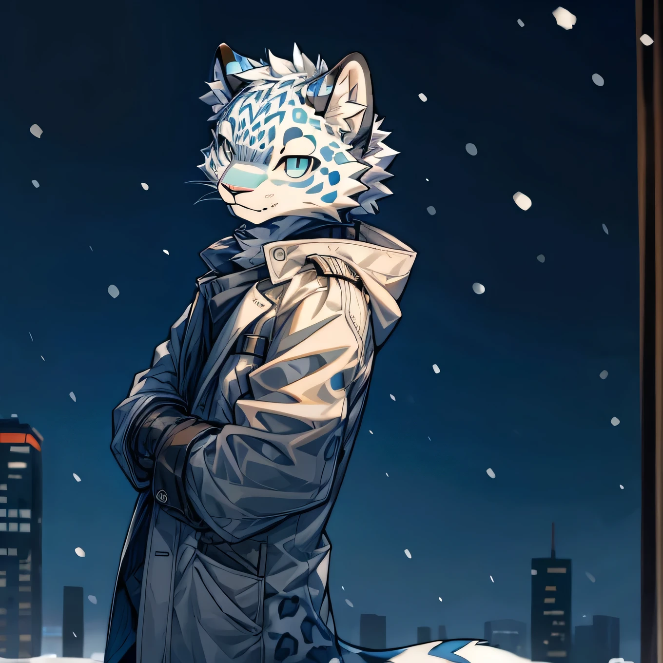 masterpiece,High quality,furry,one man,(Snow leopard),coat,shy face,perfect background,night