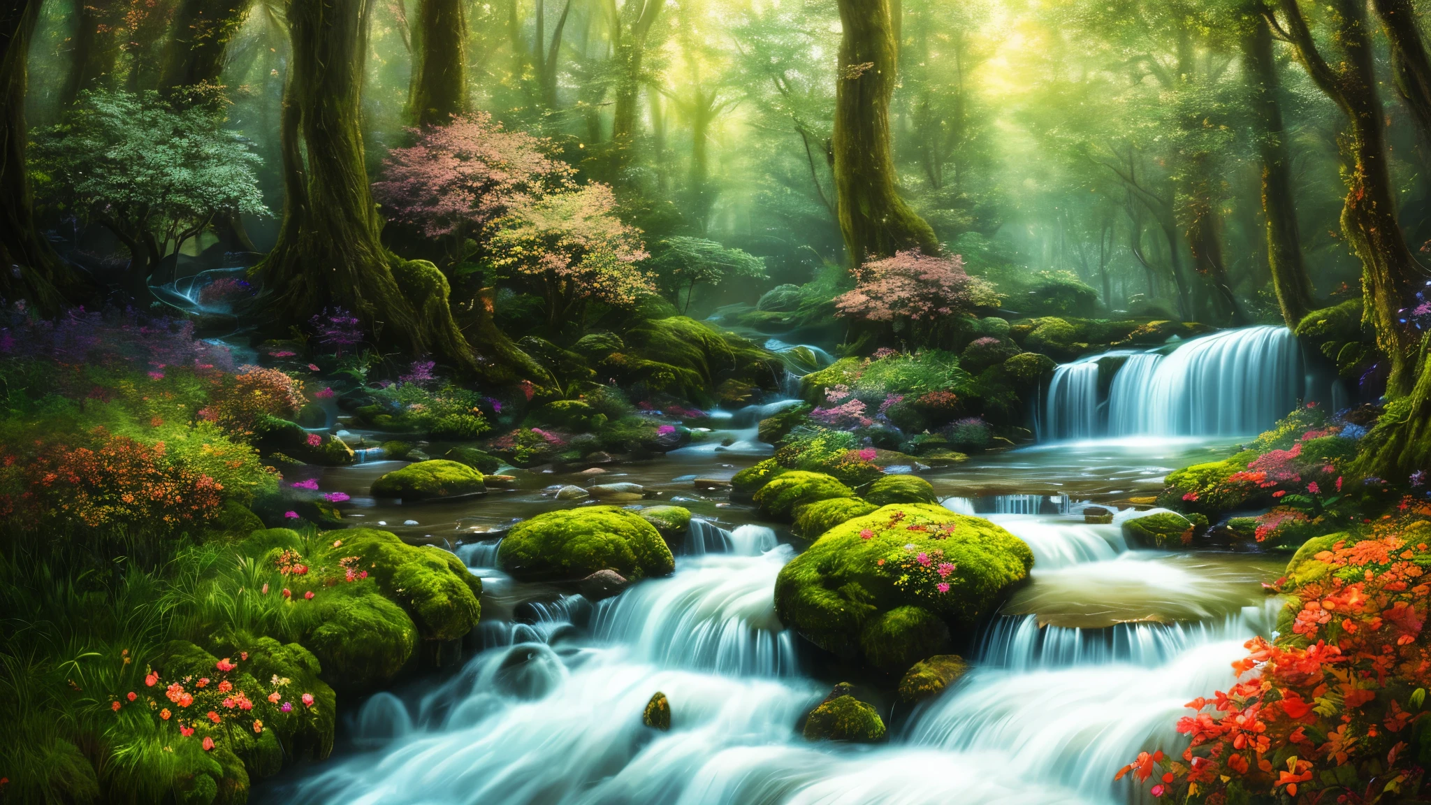 masterpiece, best quality, high quality, extremely detailed 8k CG unity wallpaper, An enchanting and dreamy scene of a fantasy forest, with towering trees, glowing mushrooms and hidden fairy lights, ((enchanting stream)) creates a sense of mystery and enchantment, artstation, digital illustration, intricate, vogue, pastel, oil painting, photography award winning, Blur, Depth of field, HDR, bloom, Chromatic aberration, Photorealistic, ultra detailed, trending on artstation, trending on CGsociety, Intricate, Highly detailed, dramatic, art in the middle of the journey, super realistic and super sharp