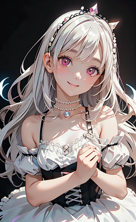 (Photorealistic:1.4)、asuna,(masterpiece、lens flare:1.5、spot light:1.2、Exquisite beautiful eyeonochrome:1.5,portlate、)(little devil:1.3),()
、Cute Face、 3D Face、(pearl white hair:1.5)、(wavy hair:1.3),(1 Girl)、(Red eyes:1.2)、(upper body)、(light smile:1.3)、(head tilt) ,(Cute face:1.2),(flat chest),(),kind face,(white lace frilled gothic ta),(black background:1.5)、(glowing eyes:1.3)、(crown)、 Neat and clean、Adorable、Slim Body(Tareme:1.5),Shiny Hair、(Glowing pink Skin)、Nijisketch,Manga,zydG