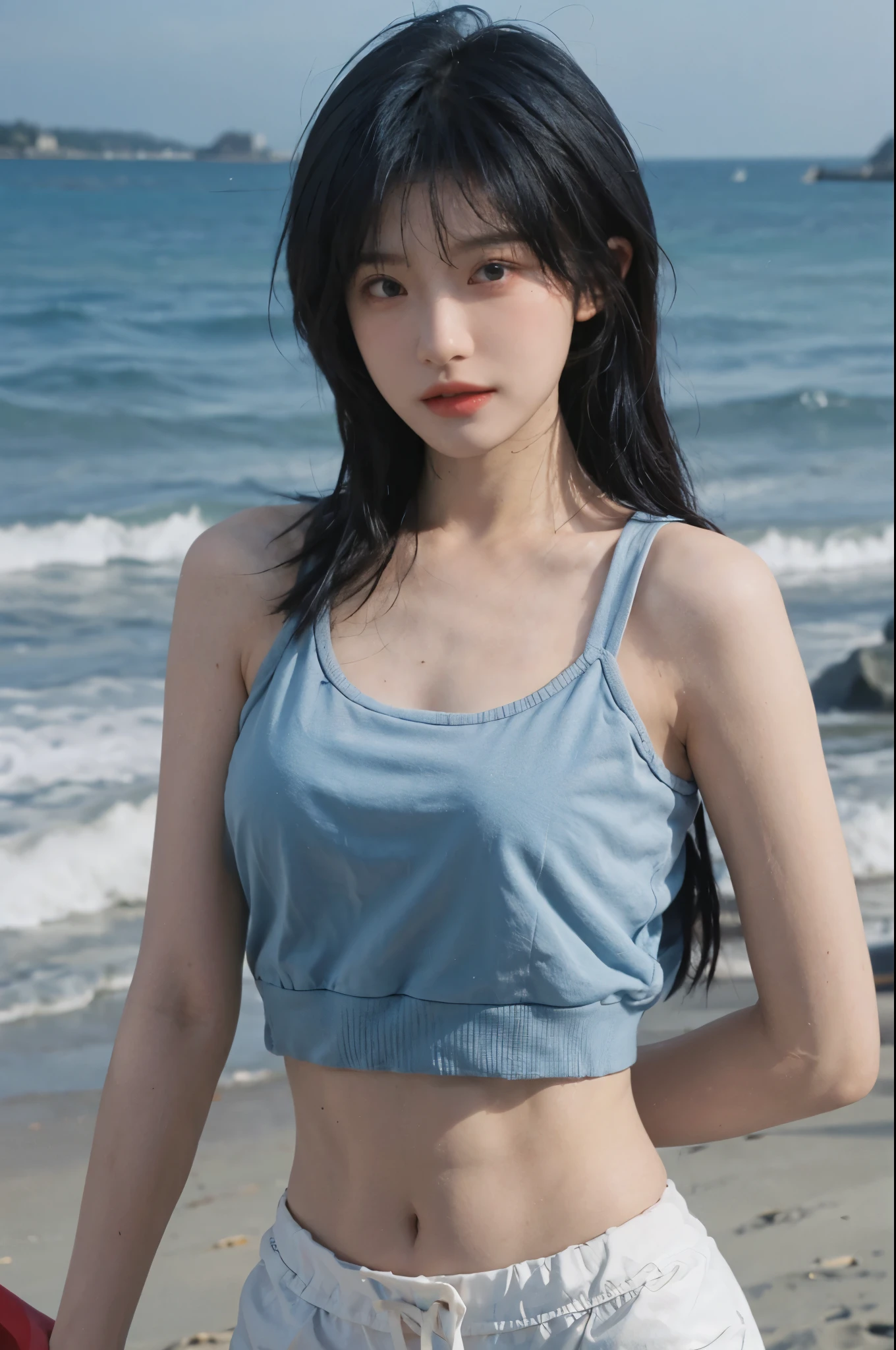 Best quality,Ultra-high resolution,(lifelike:1.4),Cute hairpin,2girll,Short blue hair,jk,Blush,Slim beauty:1.4,Visible abdominal muscles,on the beach,Ultra-fine face,Exquisite eyes,Double eyelids,