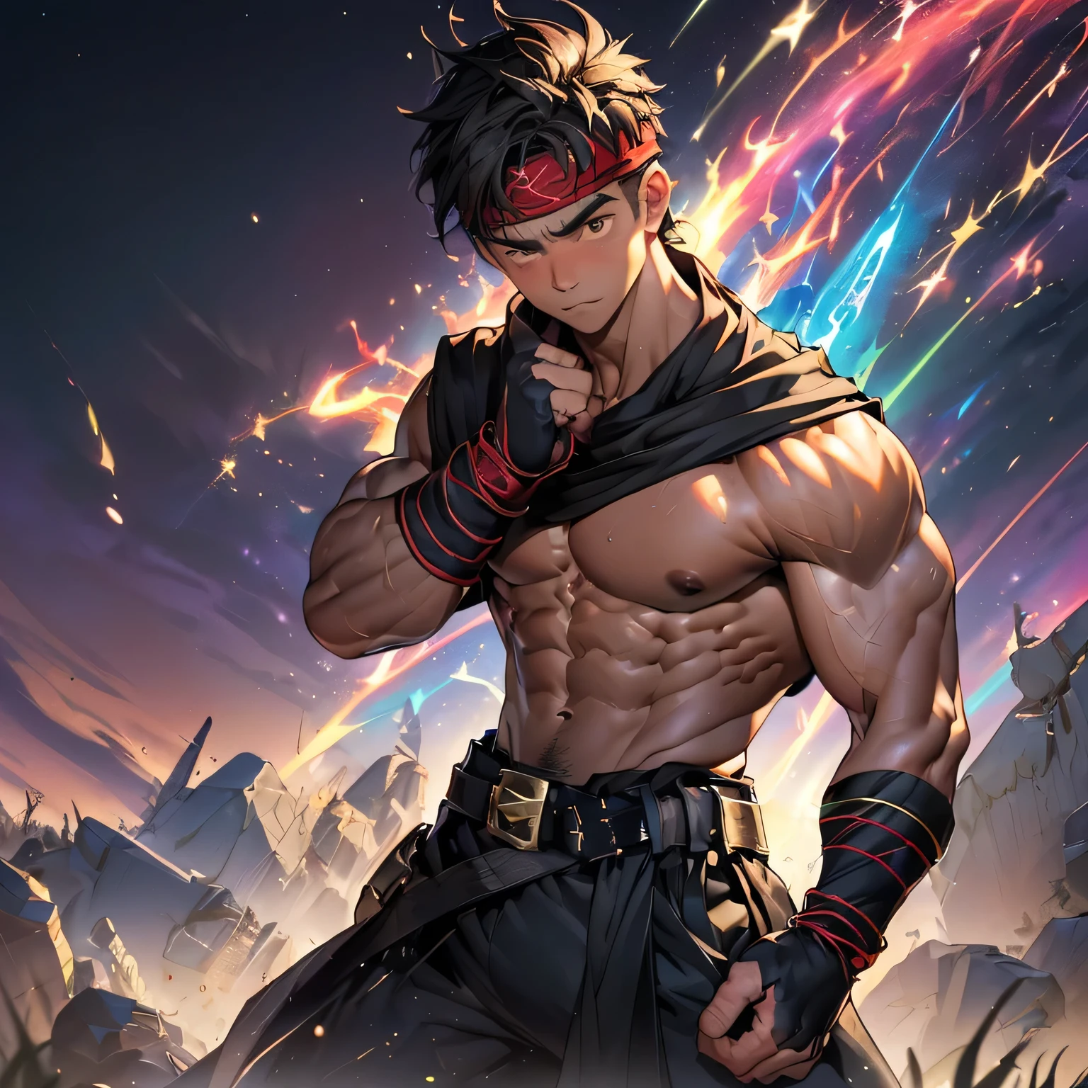 (Masterpiece, Best quality 19 year old boy, black background), solo, Young, boy, muscler, (Dark Short straight hair, under cut, brown eyes, topless), (red headband, ((fingerless gloves, belt, black wristband, Wearing long cloak, powerful energy aura))), (hot Abs:1.2, abs!, big abs, big breast:1.2, chest!, upper arms), Vivid colors, muscler body, (aura power:1.4), detailed face, detailed muscle, (((Wearing magical mystical aura, cosmic power glowing and flourishing, rippling muscles, fighting pose, struggle, combats, dynamic pose, intense action scene)))
