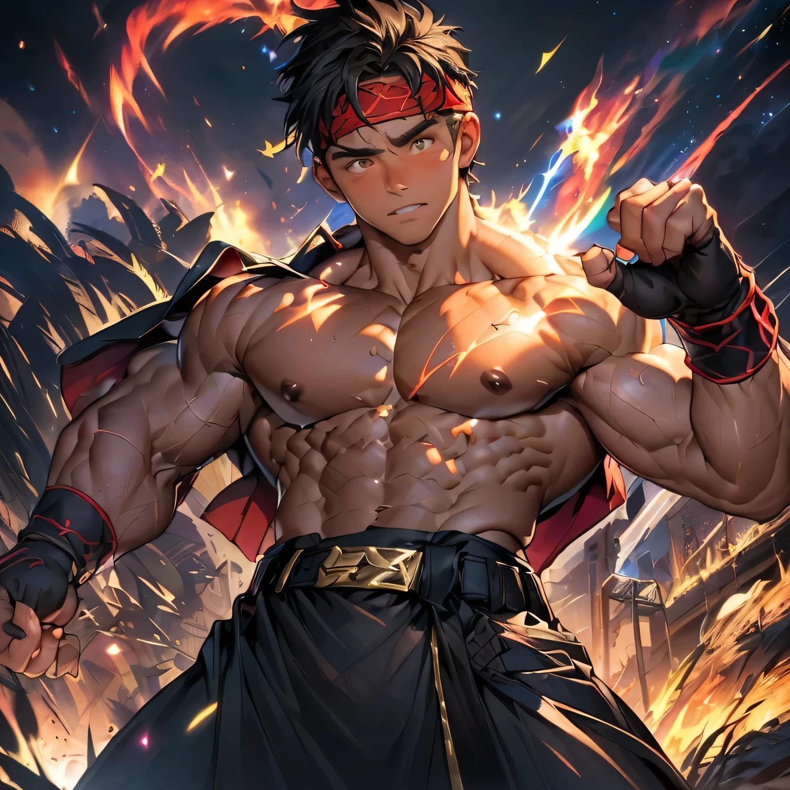 (Masterpiece, Best quality 19 year old boy, black background), solo, Young, boy, muscler, (Dark Short straight hair, under cut, brown eyes, topless), (red headband, ((fingerless gloves, belt, black wristband, Wearing long cloak, powerful energy aura))), (hot Abs:1.2, abs!, big abs, big breast:1.2, chest!, upper arms), Vivid colors, muscler body, (aura power:1.4), detailed face, detailed muscle, (((Wearing magical mystical aura, cosmic power glowing and flourishing, rippling muscles, fighting pose, struggle, combats, dynamic pose, intense action scene)))