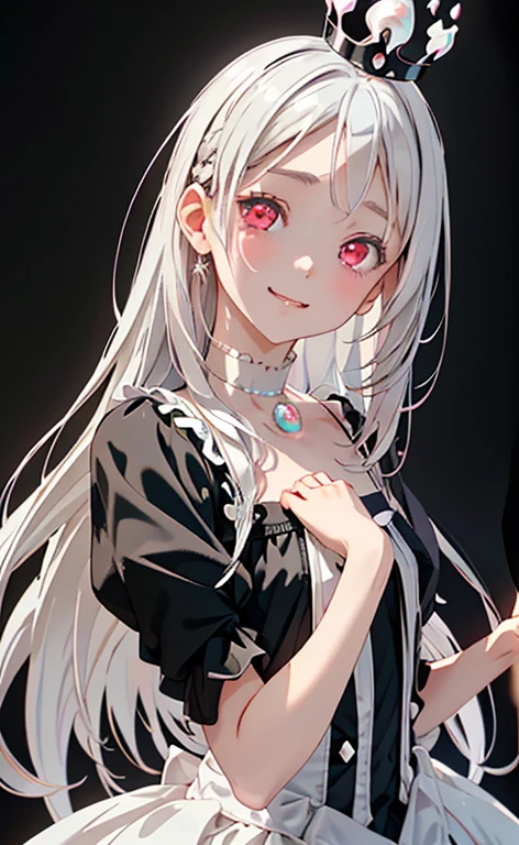 (Photorealistic:1.4)、asuna,(masterpiece、lens flare:1.5、spot light:1.2、Exquisite beautiful eyeonochrome:1.5,portlate、)(little devil:1.3),()
、Cute Face、 3D Face、(pearl white hair:1.5)、(wavy hair:1.3),(1 Girl)、(Red eyes:1.2)、(upper body)、(A face melting with pleasure:1.3)、(head tilt) ,(Cute face:1.2),(flat chest),(),kind face,(white lace frilled gothic lolita),(black background:1.5)、(glowing eyes:1.3)、(crown)、 Neat and clean、Adorable、Slim Body(Tareme:1.5),Shiny Hair、(Glowing pink Skin)、Nijisketch,Manga,zydG