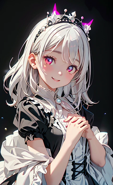 (Photorealistic:1.4)、asuna,(masterpiece、lens flare:1.5、spot light:1.2、Exquisite beautiful eyeonochrome:1.5,portlate、)(little devil:1.3),()
、Cute Face、 3D Face、(pearl white hair:1.5)、(wavy hair:1.3),(1 Girl)、(Red eyes:1.2)、(upper body)、(A face melting with pleasure:1.3)、(head tilt) ,(Cute face:1.2),(flat chest),(),kind face,(white lace frilled gothic ta),(black background:1.5)、(glowing eyes:1.3)、(crown)、 Neat and clean、Adorable、Slim Body(Tareme:1.5),Shiny Hair、(Glowing pink Skin)、Nijisketch,Manga,zydG