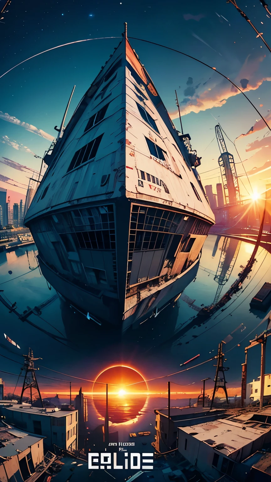 (Fish-eye lens),Icon, Logo, Very Wide White Background, Extreme Quality, Masterpiece, 8k, Depth of Field, Complex Detail, (No People), Very Large Margin, Lots of Text, Corporate Logo, Space, Motif, Emblem, Movie Poster-Like, Fisheye, (Abandoned Factory), (Lots of Wires), Spacecraft, Moon, Sun Flare, (sunset),