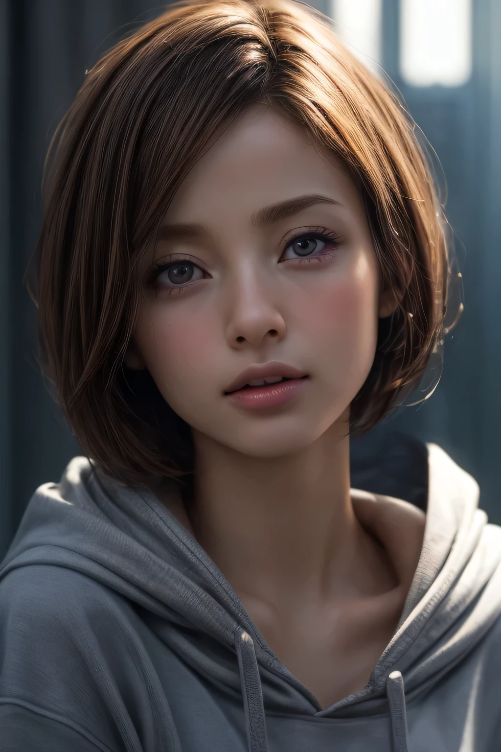 (NSFW:-1.5), (masterpiece:1.3), (8k, photorealistic, RAW photo, best quality: 1.4),
cinematic lighting,
(1girl), beautiful face, (realistic face),
beautiful hairstyle, (short hair :1.5),
realistic eyes, beautiful detailed eyes,
(realistic skin), beautiful skin,
(hoodie without a hood),
absurdres, attractive,
ultra high res, ultra realistic, highly detailed,
golden ratio,